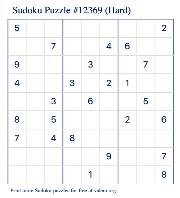 Free Printable Hard Sudoku Puzzle number 12369