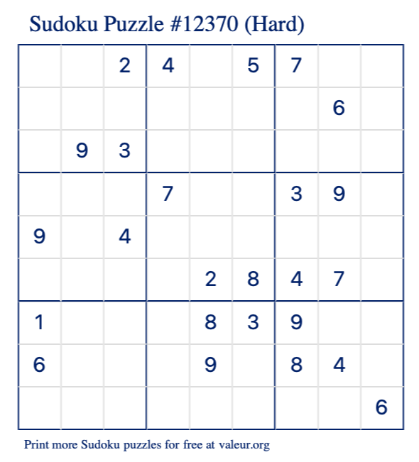 Free Printable Hard Sudoku Puzzle number 12370