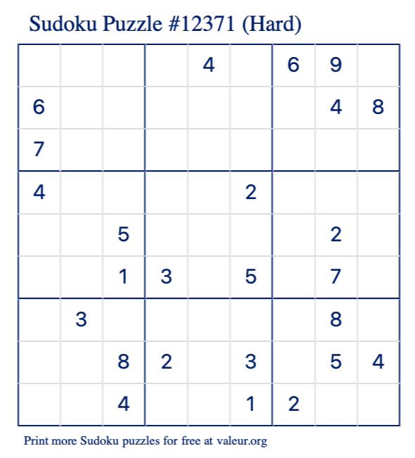 Free Printable Hard Sudoku Puzzle number 12371