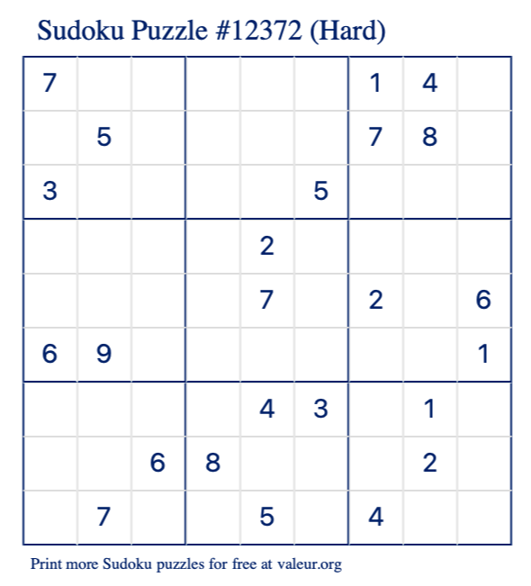 Free Printable Hard Sudoku Puzzle number 12372