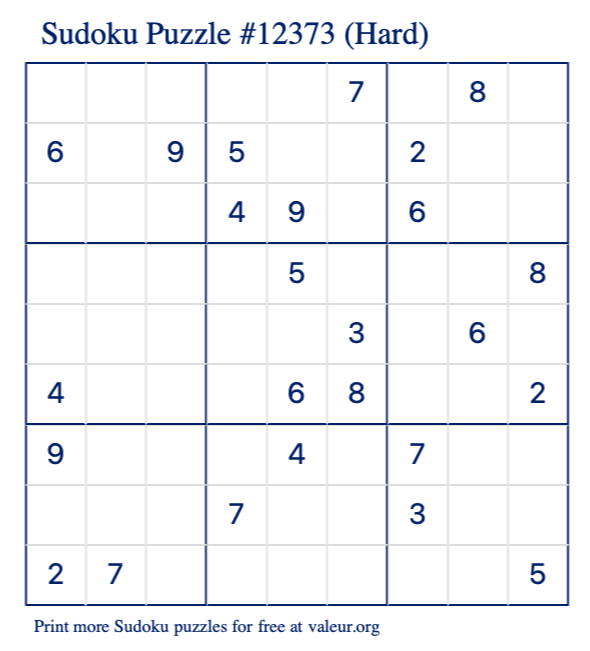 Free Printable Hard Sudoku Puzzle number 12373