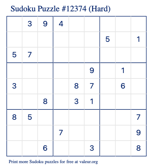 Free Printable Hard Sudoku Puzzle number 12374