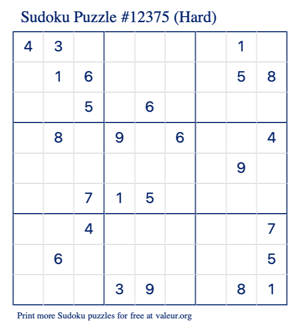 Free Printable Hard Sudoku Puzzle number 12375