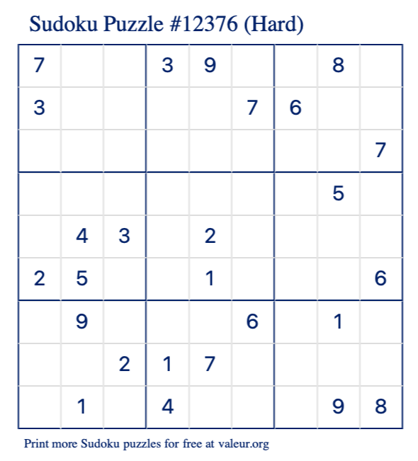 Free Printable Hard Sudoku Puzzle number 12376