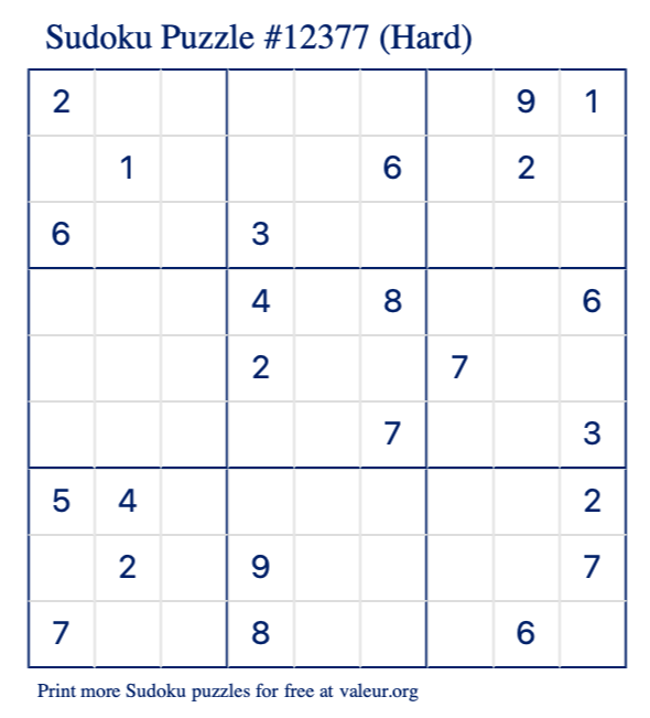 Free Printable Hard Sudoku Puzzle number 12377