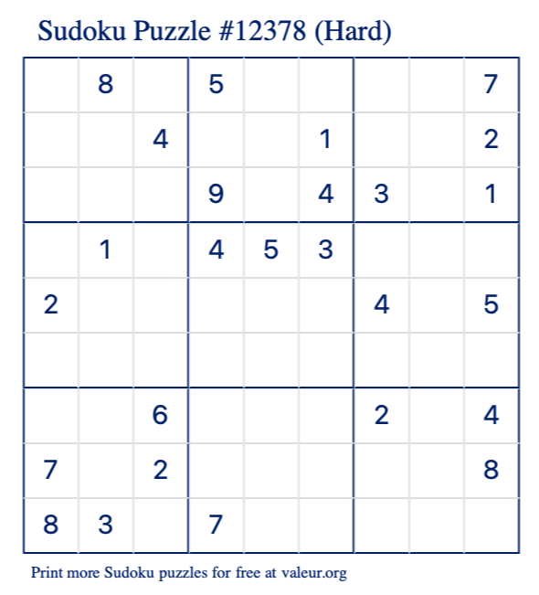 Free Printable Hard Sudoku Puzzle number 12378