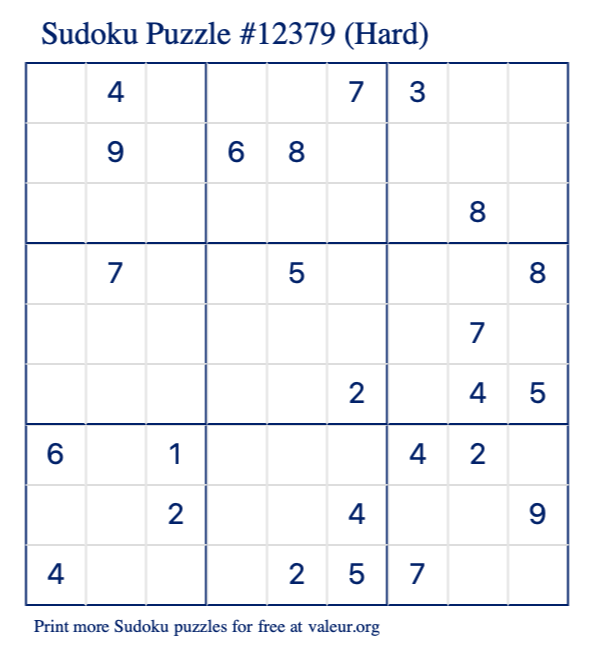 Free Printable Hard Sudoku Puzzle number 12379