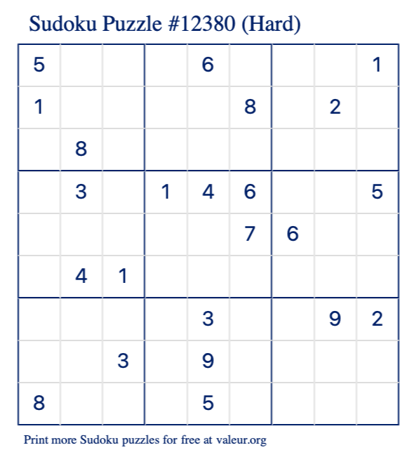 Free Printable Hard Sudoku Puzzle number 12380