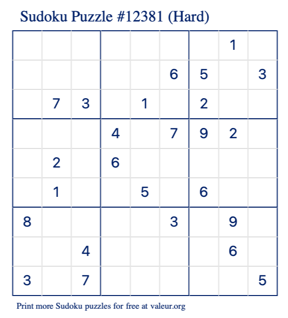 Free Printable Hard Sudoku Puzzle number 12381