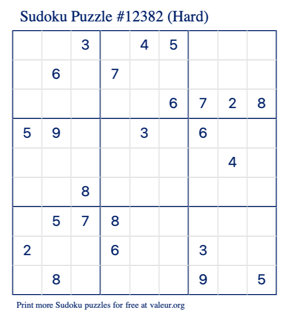 Free Printable Hard Sudoku Puzzle number 12382