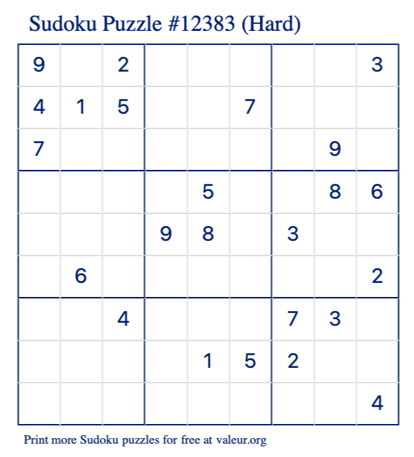 Free Printable Hard Sudoku Puzzle number 12383