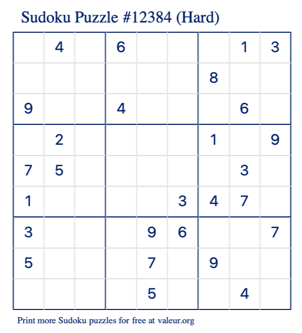 Free Printable Hard Sudoku Puzzle number 12384