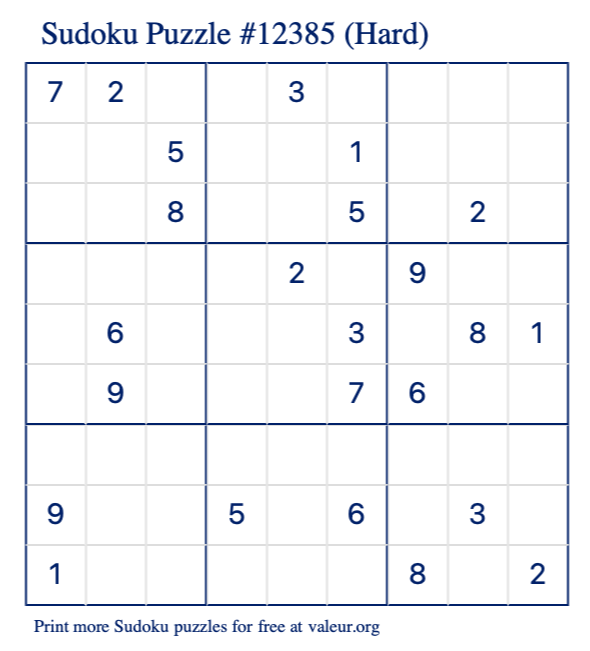 Free Printable Hard Sudoku Puzzle number 12385