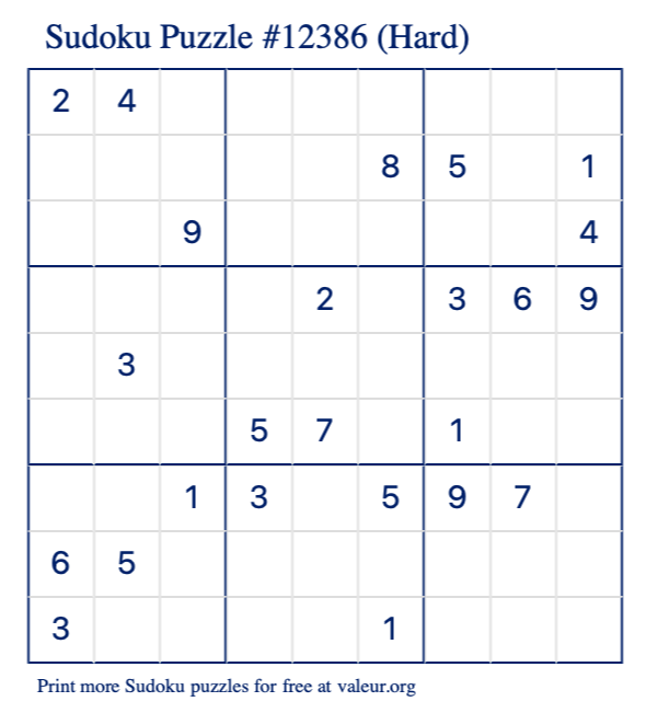 Free Printable Hard Sudoku Puzzle number 12386