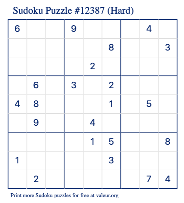 Free Printable Hard Sudoku Puzzle number 12387