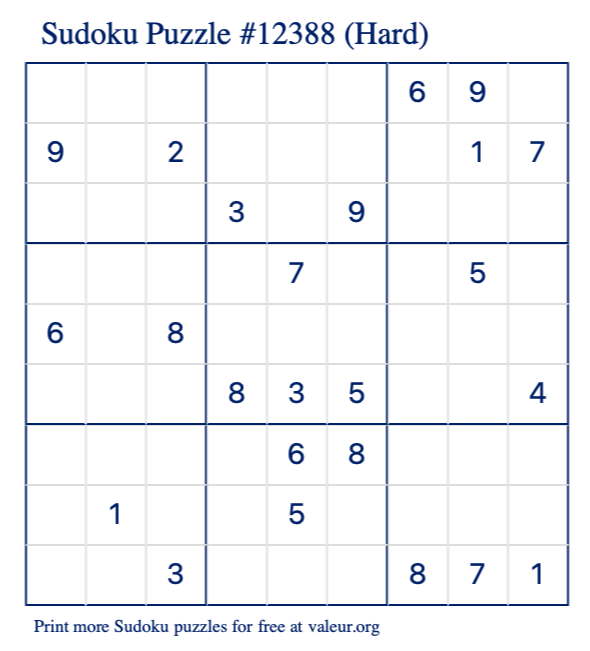 Free Printable Hard Sudoku Puzzle number 12388