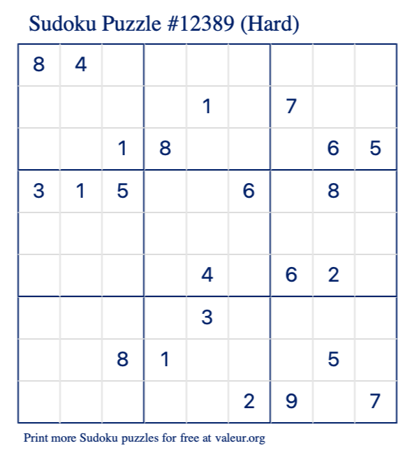 Free Printable Hard Sudoku Puzzle number 12389