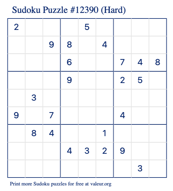 Free Printable Hard Sudoku Puzzle number 12390