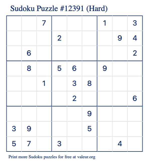 Free Printable Hard Sudoku Puzzle number 12391