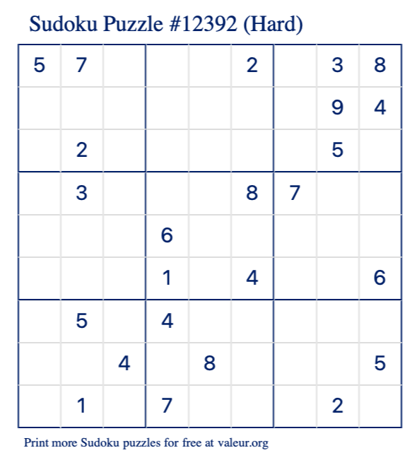 Free Printable Hard Sudoku Puzzle number 12392