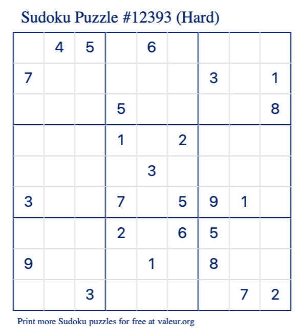 Free Printable Hard Sudoku Puzzle number 12393