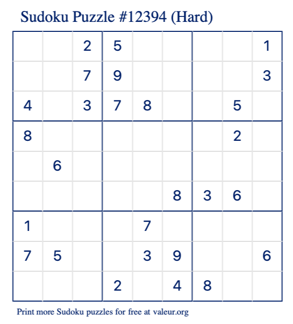 Free Printable Hard Sudoku Puzzle number 12394