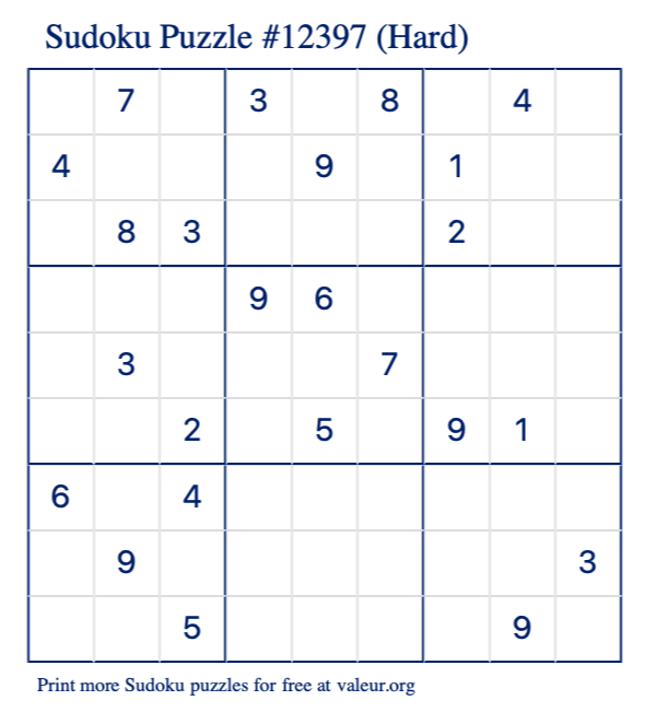 Free Printable Hard Sudoku Puzzle number 12397