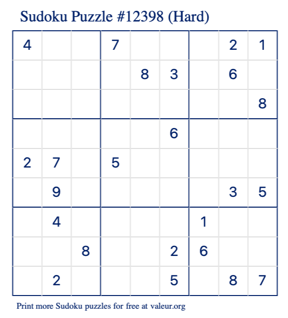 Free Printable Hard Sudoku Puzzle number 12398