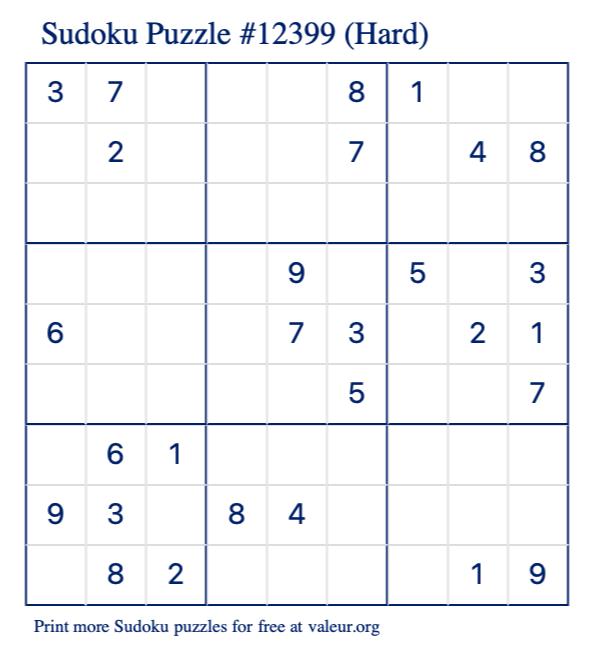 Free Printable Hard Sudoku Puzzle number 12399