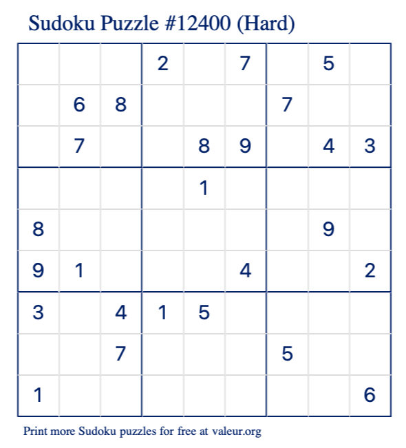 Free Printable Hard Sudoku Puzzle number 12400