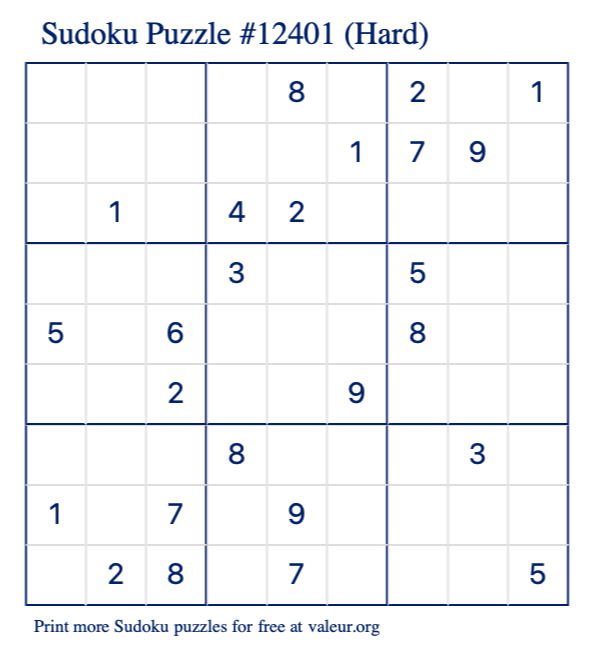 Free Printable Hard Sudoku Puzzle number 12401