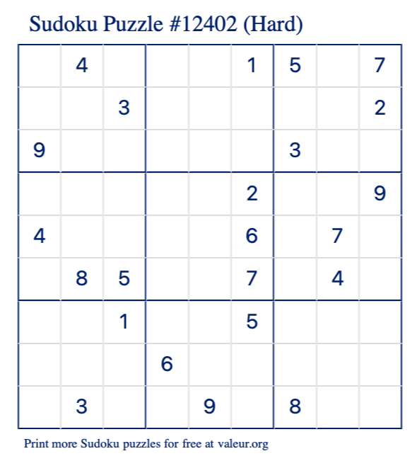 Free Printable Hard Sudoku Puzzle number 12402