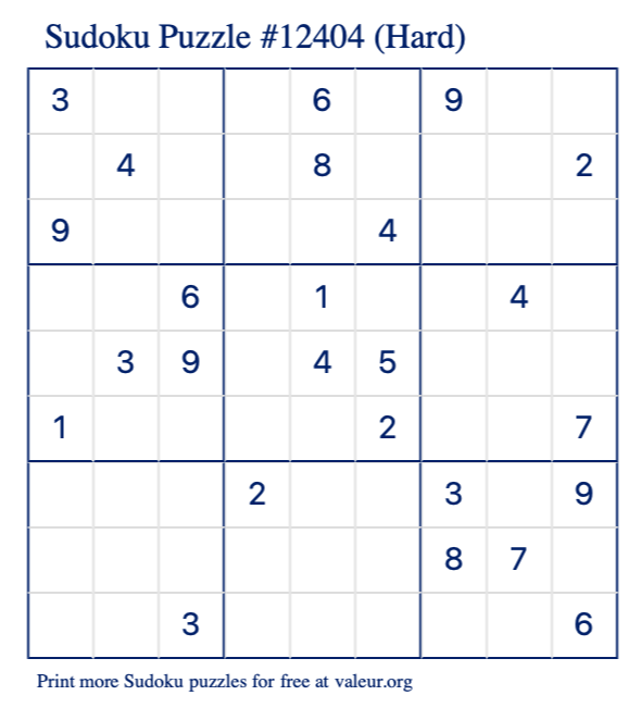 Free Printable Hard Sudoku Puzzle number 12404