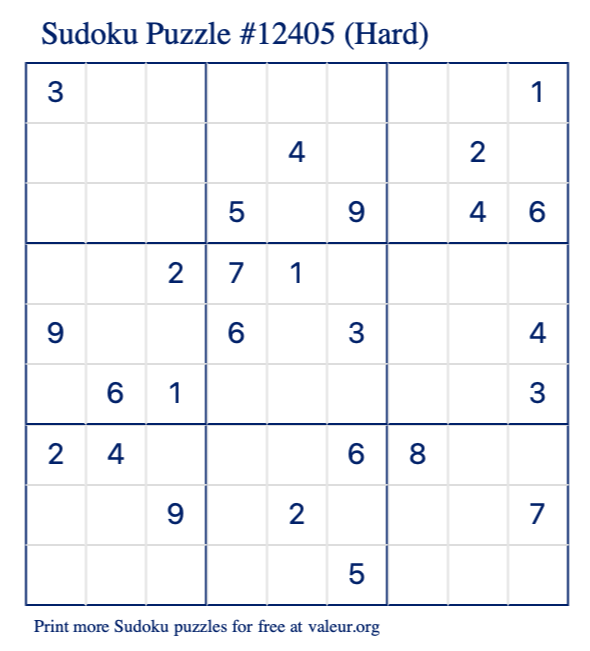 Free Printable Hard Sudoku Puzzle number 12405