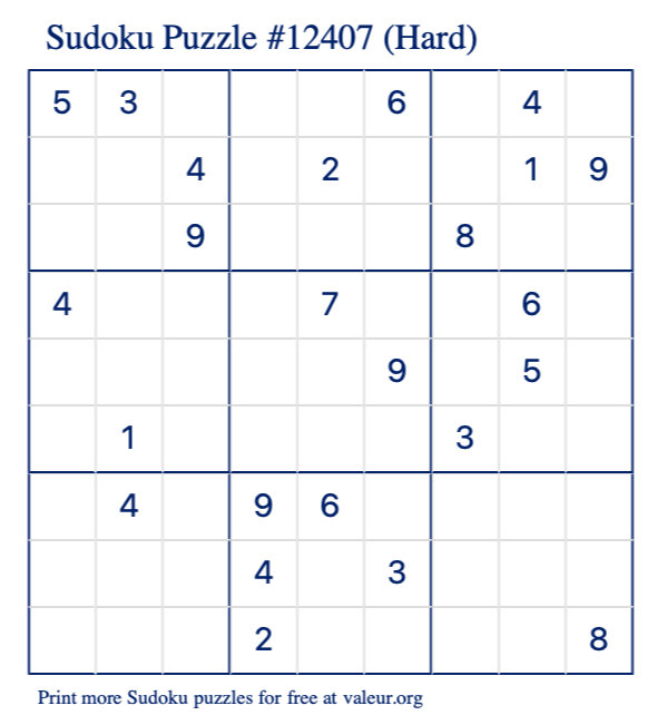 Free Printable Hard Sudoku Puzzle number 12407