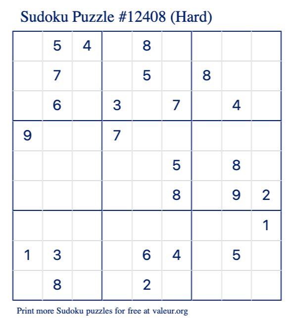 Free Printable Hard Sudoku Puzzle number 12408