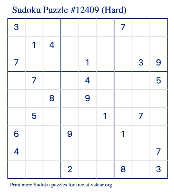 Free Printable Hard Sudoku Puzzle number 12409