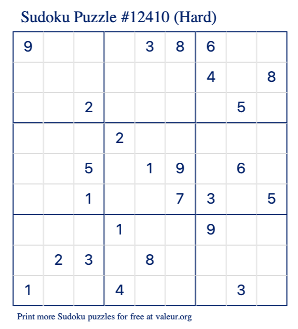 Free Printable Hard Sudoku Puzzle number 12410