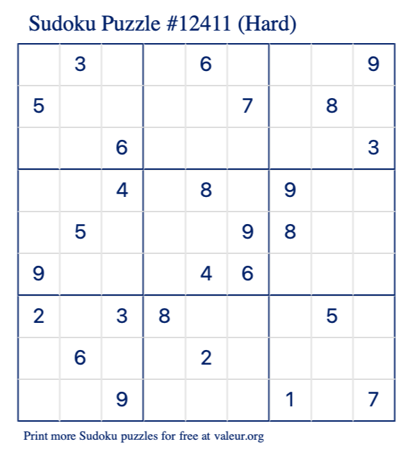 Free Printable Hard Sudoku Puzzle number 12411