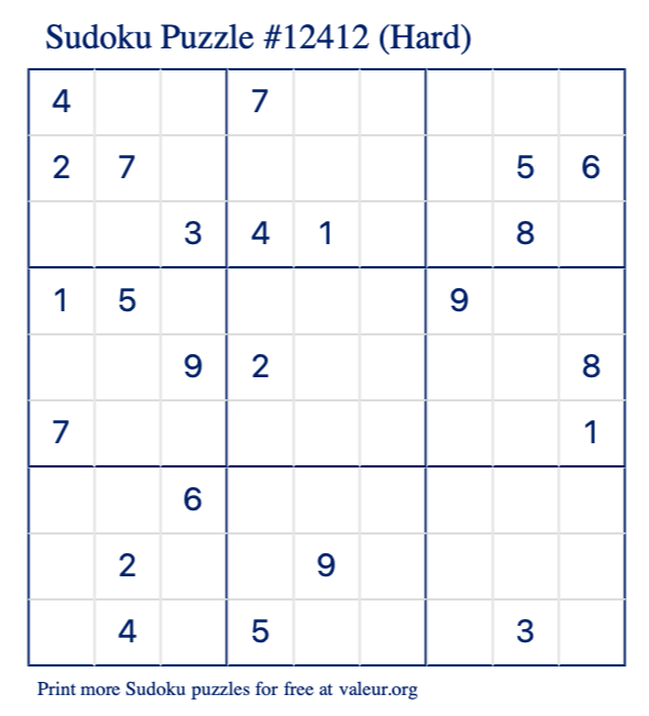 Free Printable Hard Sudoku Puzzle number 12412