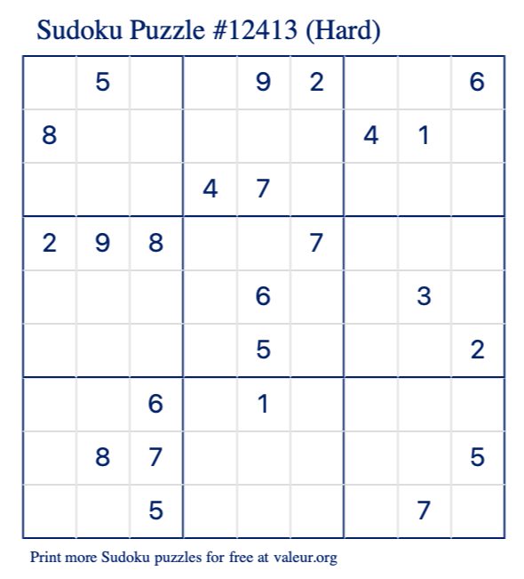 Free Printable Hard Sudoku Puzzle number 12413