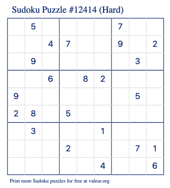 Free Printable Hard Sudoku Puzzle number 12414