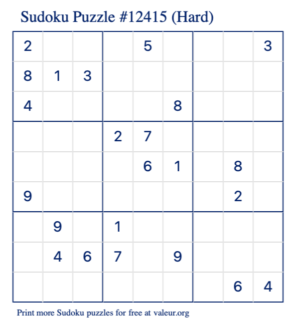 Free Printable Hard Sudoku Puzzle number 12415