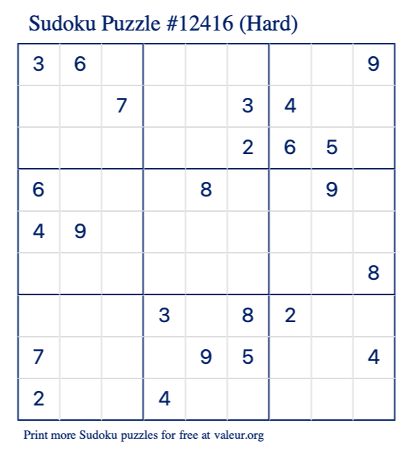 Free Printable Hard Sudoku Puzzle number 12416