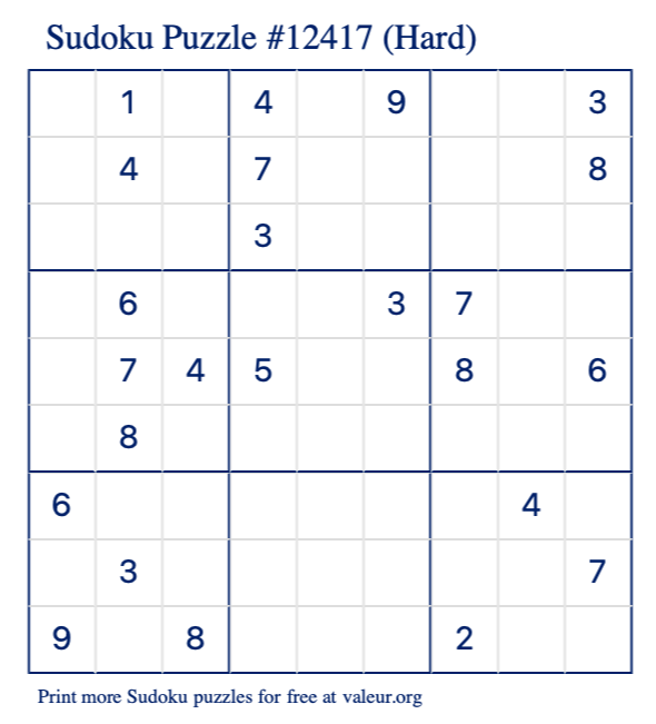 Free Printable Hard Sudoku Puzzle number 12417