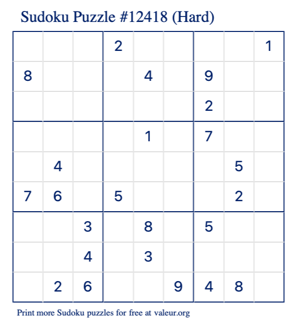 Free Printable Hard Sudoku Puzzle number 12418