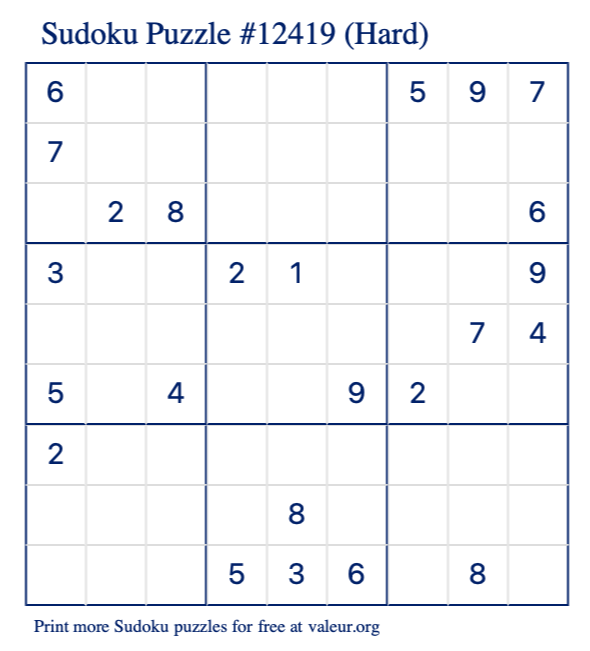 Free Printable Hard Sudoku Puzzle number 12419