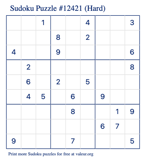 Free Printable Hard Sudoku Puzzle number 12421