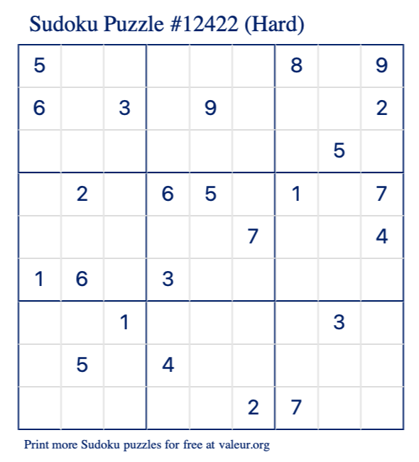 Free Printable Hard Sudoku Puzzle number 12422