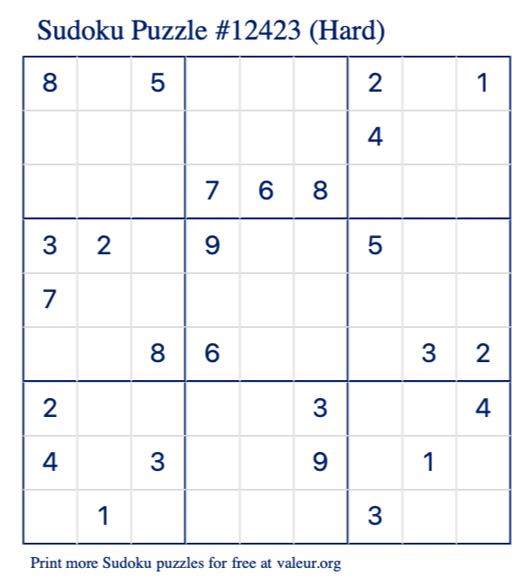 Free Printable Hard Sudoku Puzzle number 12423